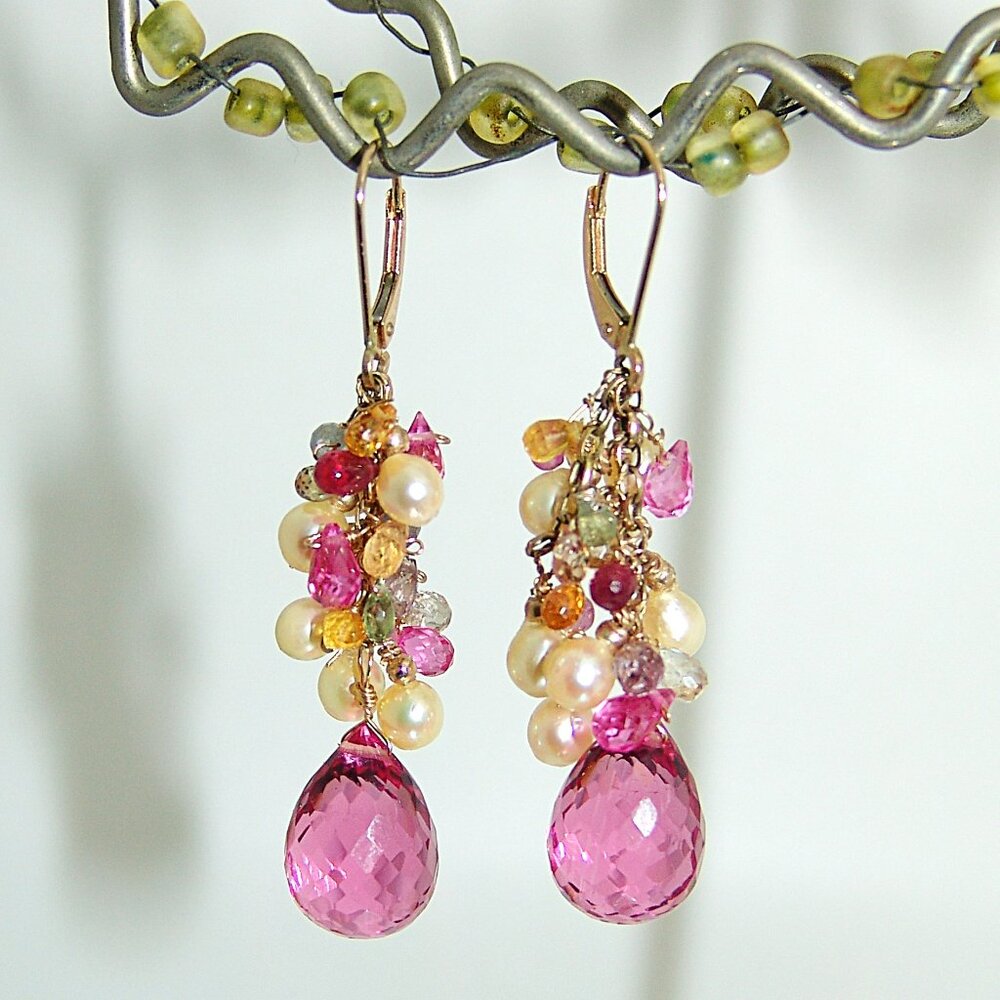 14K Gold Pink Quartz Multi Sapphire Pearl Briolette Gemstone Earrings